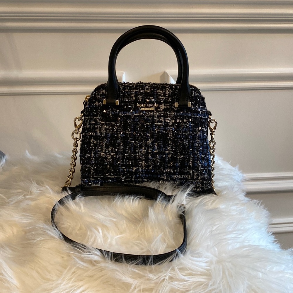 Kate Spade Black & Blue With Silver Flecks Tweed Crossbody Bag With Hand…